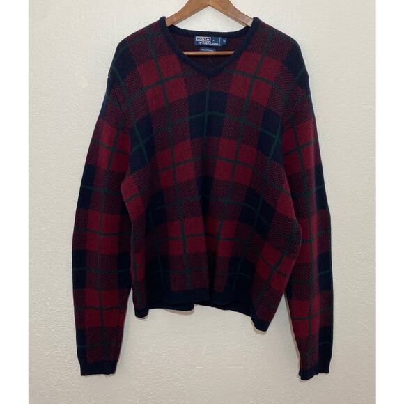 VTG Polo by Ralph Lauren Men XL100% Lambswool Plaid Sweater Grandpacore Holiday - Picture 1 of 6